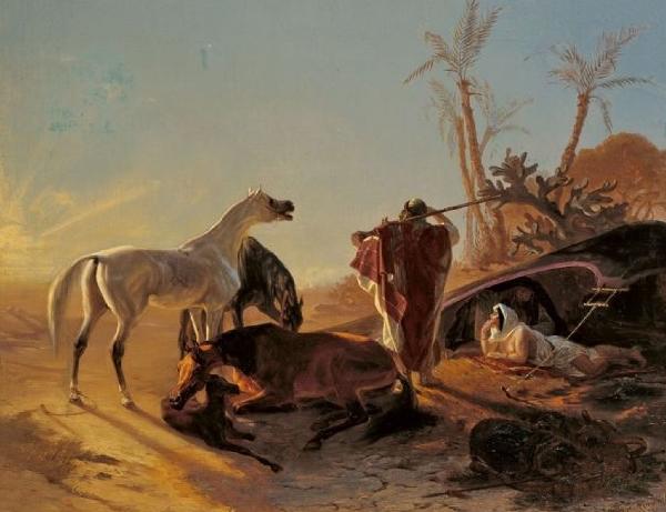 Theodor Horschelt Rastendes Beduinenpaar mit Araberpferden Sweden oil painting art